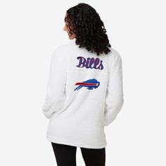 Did somebody say gameday chic? Oh wait, we did. That's because we're bringing you a whole lot of it with this Buffalo Bills Women's White Sherpa Jacket. Features All-over white design so you can rep the team in style Super-soft Sherpa construction so you can relax to the max while you watch the game Embroidered team logo display on upper left chest, in case there were any doubts where your allegiances lie Embroidered team logo and script team name display on reverse side for a little extra team White Sherpa Jacket, Spirit Buttons, Logo Display, Chilly Weather, Sherpa Jacket, Buffalo Bills, Team Names, White Design, Team Spirit