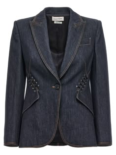 Buy from $1521.00: Single-breasted denim blazer with leather lace detail, button closure, long sleeves, back vents. ALEXANDER MCQUEEN Lace up single-breasted denim blazer true to size fit Designer Denim Jacket For Fall Workwear, Designer Denim Jacket For Workwear In Fall, Designer Fitted Denim Jacket, Denim Blazer Women, Moda Denim, Alexander Mcqueen Sneakers, Tory Burch Dress, Satin Blazer, Blazer Designs