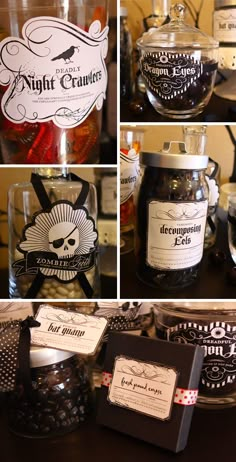 several pictures of jars with labels on them, and some are filled with jelly beans