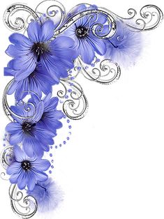 blue flowers with silver swirls on a white background