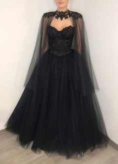 Black Wedding Dress Corset, Corset Lace Wedding Dress, Alternative Bride Dress, Black Tulle Wedding Dress, Wedding Dress With Cape, Black Bridal Dresses, Gown With Cape, Dress With Cape, Cape Wedding Dress