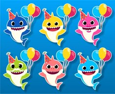 a set of cartoon shark with balloons and party hats