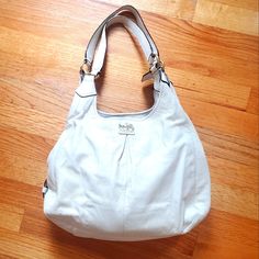 Nwot Coach Madison Purse (21225) Has Never Been Used, Still In The Silk Bag. Beautiful Soft Cream Leather With Teal Silk Lining. Approx. Measurements Are 15" Wide, 10" Long (Not Including Straps) And 4" Across. White Hobo Bag With Double Handle, Classic White Hobo Bag For Errands, Elegant White Hobo Bag With Double Handle, Elegant White Hobo Bag With Detachable Strap, White Classic Hobo Shoulder Bag, Classic White Hobo Shoulder Bag, Classic White Hobo Bag For Everyday, Coach White Soft Leather Bag, White Soft Leather Hobo Bag With Double Handle