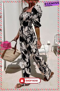 Casual Print Split Joint Square Collar Straight Jumpsuits(3 Colors) Casual V-neck Jumpsuits And Rompers With Tropical Print, Casual Non-stretch Jumpsuits And Rompers For Beach, Casual One-piece Jumpsuit For Spring, Casual Short Sleeve Jumpsuits And Rompers For Vacation, Casual One-piece Jumpsuit For Vacation, Casual One-piece Jumpsuits And Rompers For Vacation, Printed Jumpsuits And Rompers For Beach, Casual Floral Print Jumpsuits And Rompers, Casual Printed Jumpsuit For Vacation