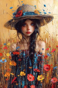 a painting of a woman wearing a hat in a field of flowers with grass and butterflies