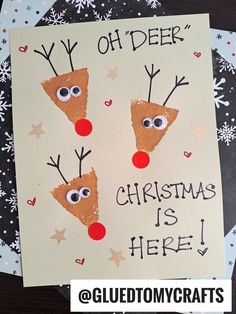 a handmade christmas card with reindeer faces and the words oh deer, christmas is here