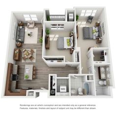 the floor plan for a two bedroom apartment with an attached kitchen and living room area