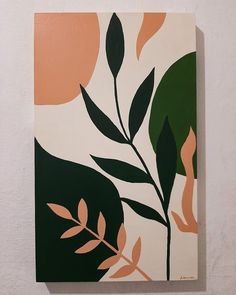 an abstract painting with leaves and oranges on a white wall