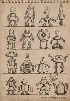 an old book with drawings of robots and other things on it's pages,