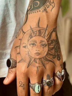 a person with tattoos and rings on their fingers