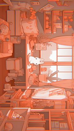 an orange and white image of a room with many objects on the floor, including shelves