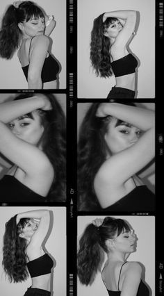 black and white photos of a woman with long hair in four different poses, all showing the same bra