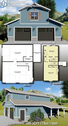 two story house plans with garage and living room in the front, an attached bedroom on the