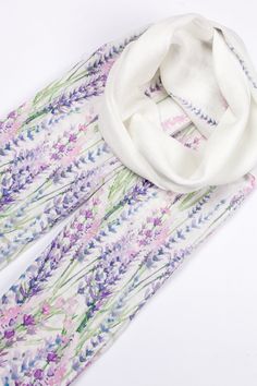 Women scarf with lavender artwork. Measurements: 70 x 195 cm / 27 x 76 in Fabric: Safe Oeko-TEX® standard 100 certified linen fabric, stonewashed. CARE INSTRUCTIONS: - Washing with similar colours in a washing machine, - Wash with water temperature 40 o C, - Straightening and hang to dry, - It will become softer with each washing, - Iron upside down (for best results iron with lots of steam). - Linen is a very durable, strong fabric, and one of the few that are stronger wet than dry. The fibres Handmade White Scarves For Spring, White Scarf As Spring Gift, White Scarf Gift For Spring, Lavender Artwork, Bohemian Scarves, Linen Scarf, Boho Scarfs, Linen Scarves, Women Scarf