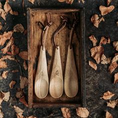 three wooden spoons sitting in a box on top of leaves