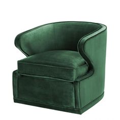 a green chair with a curved back and foot rests on a white background, it's upholstered to the floor