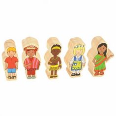 wooden pegs with different types of children's clothes on them, including one girl and two boys