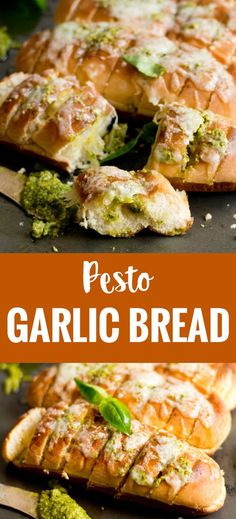 garlic bread with broccoli and pesto on top