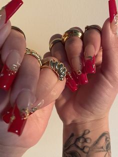 red nail tips Nails With Gold, Red French, Drip Nails, Square Acrylic Nails