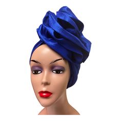 Blue  Pre tied Turban Hat Blue Turban For Party, Blue Headband Turban For Summer, Blue Turban Headband For Summer, Adjustable Blue Turban For Party, Elegant Blue Headscarf, Ankara Turban Cap, Elegant Adjustable Blue Headwrap, Pretied Turban, Elegant Adjustable Red Turban