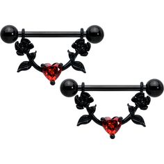 14 Gauge 11/16 Red CZ Gem Black Heart Flower Dangle Nipple Ring Set – BodyCandy Cute Heart Drawings, Barbell Jewelry, Heart Flower