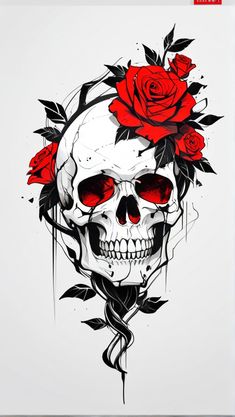 a skull with red roses on it's head