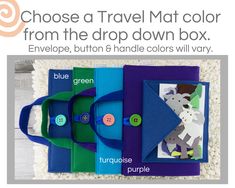 an advertisement for the travel mat color from the drop down box envelope, button & handle colors will vary