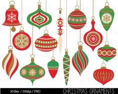 christmas ornaments hanging from strings with snowflakes and baubles in red, green and gold