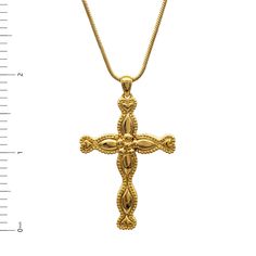 This vermeil cross pendant, accentuated with hearts, is adapted from a pendant found in the Costume collection at the Smithsonian's National History of American History. The original piece was owned and donated by Dr. Lucinda Templin, a headmistress at an all girls' school. This beautiful necklace has a nice weight and is comfortable to wear. Materials: Sterling silver with bright gold plating Length: 18" Made in USA Gold Cross Pendant Necklace For Anniversary, Byzantine Yellow Gold Cross Necklaces, Byzantine Yellow Gold Cross Necklace, Gold Spiritual Cross Necklace With Engraving, Gold Byzantine Crucifix Jewelry, Byzantine Style Gold Crucifix Jewelry, Gold Cross Jewelry With Large Pendant, Gold Cross Pendant Necklace For Memorials, Gold Cross Pendant Necklace For Memorial