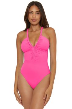 Lake Side One Piece Swimsuit | Everything But Water Backless Drawstring Swimwear For Poolside, Backless Swimwear With Drawstring For Pool, Spring Swimwear With Ruched Back For Pool, Spring Pool Swimwear With Ruched Back, Spring Poolside Swimwear With Ruched Back, Halter Neck Swimwear With Drawstring For Pool, Halter Neck Drawstring Swimwear For Pool, Beachwear Swimwear With Braided Straps For Beach Season, Beach Season Swimwear With Braided Straps