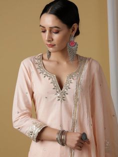 Peach Mira Amaltras Kurta With Pant & Dupatta (Set of 3) - Trendroots Peach Kurta Combination, Designer Salwar Kameez With Dori Work, Fitted Chanderi Palazzo Set With Gota Work, Pink Churidar With Gota Work, Transitional Chanderi Churidar, Designer Wear Unstitched Suit With Gota Work, Transitional Season Unstitched Suit With Dupatta, Chanderi Churidar With Zari Work, Elegant Churidar With Dori Work