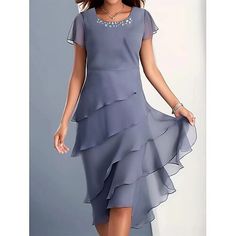 Season:Summer; Fabric:Chiffon; Sleeve Length:Short Sleeve; Look After Me:Machine wash; Gender:Women's; Style:Formal,Elegant; Elasticity:Micro-elastic; Occasion:Cocktail Party,Wedding Guest; Fit Type:Regular Fit; Dresses Type:Chiffon Dress,Plain Dress; Design:Layered,Ruffle; Neckline:Crew Neck; Listing Date:06/25/2024; Bust:; Length:; Shoulder Width:; Waist:; Fit US Size:; Fit UK Size:; Fit EU Size:; Dress Length Type:Midi Dress; Print Type:non-printing Midi Dress Layering, 파티 드레스, Casual Party Dresses, Chiffon Fashion, Ruffles Fashion, Fitted Wedding Dress, Dress Chiffon, Aaliyah, Shoes Womens