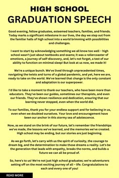 a yellow poster with the words high school graduation speech written in black and white on it