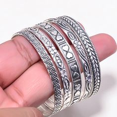 925 Sterling Silver Bangles,5 Design Bangles Set, Handmade Bangles, Women Bangle, Boho Bangles, Silver Bangles, Stacking Wedding Bracelet 👉👉 Item Details Handmade Bangles Metal: 925 Sterling Silver Purity: 925 Parts Per 1000 Silver Polish: High  All Size Available ✈️ Free shipping in the USA (USPS) 🔄 14 Days Return ⌛ 24 Hours Handling Time ☎️ Feel free to contact me with any question or comments anytime :) *Benefits Of Wearing Silver As a metal, silver has significant health benefits that have been used across cultures for centuries. Silver has a proven track record as a powerful antimicrobial agent fighting infections and aiding in cold and flu prevention, wound healing, and more. Silver also helps with internal heat regulation and circulation. Boho Bangles, Wedding Bangles, Bangles Silver, Boho Bangle, Bangles Set, Bracelets Design, Silver Polish, The Bangles, Handmade Bangles