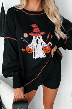 SELF: 85% COTTON, 15% POLYESTER. CONTRAST: 95% COTTON, 5% SPANDEX Model Wearing Size Small Color: Black Round Neckline Orange Seam Long Balloon Sleeves Sequin Halloween Print Oversized Fit High-Low Hem 18.5" Armpit To Sleeve End 17" Armpit To Longest Hem For Model Size Specs Please Check Size Charts Launched: 9/17/24 Spooky Black Long Sleeve Top, Spooky Black Tops For Costume Party, Black Crew Neck Top For Halloween, Black Tops For Halloween Costume Party, Witchy Black Top For Costume Party, Black Witchy Tops For Costume Party, Black Witchy Top For Costume Party, Black Crew Neck Top For Costume Party, Casual Black Halloween Top