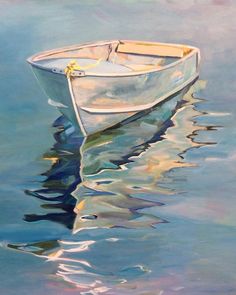 a painting of a white boat floating on top of the water with its reflection in the water