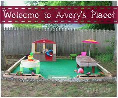 an outdoor play area with children's toys in it and the words welcome to avery's place