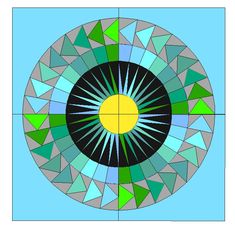 an image of a sun in the middle of a blue and green circle with triangles