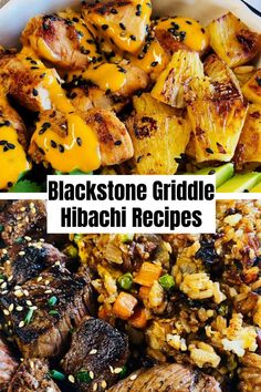 chicken bowl with pineapple on the top and steak and rice on the bottom Griddle Hibachi Recipes, Blackstone Grill Recipes Hibachi, Griddle Hibachi, Blackstone Grill Recipes, Blackstone Chicken, Hibachi Steak