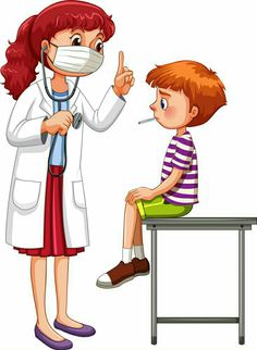 a doctor talking to a little boy on a table with a medical mask over his mouth