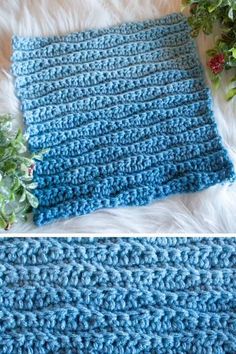 there is a blue crocheted blanket on the floor next to a plant and another photo