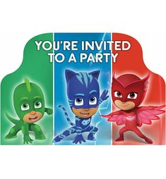 the pj masks are in different colors and designs, with words that read you're invited to a party