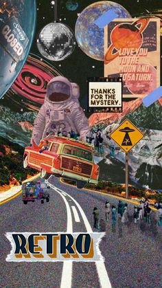 a collage of photos with the words retro on it and an astronaut in space