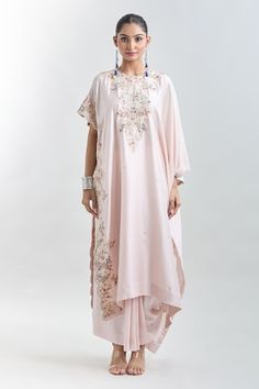 Blush pink kaftan tunic with tonal and contrasting floral embroidery. Comes with plain draped skirt. - Aza Fashions Pink Tunic For Eid, Pink Floral Embroidered Kaftan For Wedding, Pink Chikankari Embroidery Kaftan For Spring, Spring Pink Kaftan With Chikankari Embroidery, Pink Kaftan, Kaftan Tunic, Anamika Khanna, Draped Skirt, Set Women