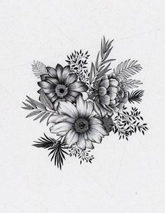 black and white drawing of flowers with leaves on the bottom half of their bouquets