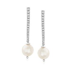 Ross-Simons - 10mm Cultured Pearl, .38ct t.w. White Topaz Drop Earrings in Silver. Exceedingly elegant, these dressy drops come at a fantastic price! Linear drops are sparked with .38 ct. t.w. white topaz rounds, and dangle 10mm cultured freshwater pearls below for a lustrous look. Set in polished sterling silver. Hanging length is 1 1/4". Post/clutch, white topaz and white pearl drop earrings. Pearl birthstones are the perfect gift for June birthdays. Diamond White Channel Set Earrings For Wedding, Fine Jewelry Wedding Earrings Channel Set, Round Channel Set Earrings For Wedding, Formal White Earrings With Channel Set, Elegant Channel Set Earrings For Wedding, Elegant White Diamond Earrings Channel Set, Elegant White Channel Set Diamond Earrings, Classic White Channel Set Earrings, Elegant Round Channel Set Earrings