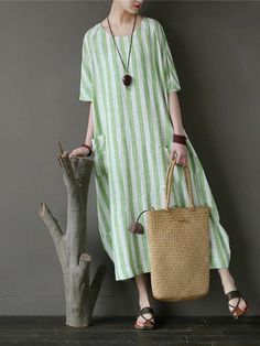 Chic o neck patchwork cotton dresses Tutorials green striped Traveling Dresses - SooLinen Casual Light Green Cotton Dress, Striped Cotton Maxi Dress For Spring, Casual Cotton Dress With Vertical Stripes, Striped Cotton Bohemian Dress, Bohemian Striped Cotton Dress, Casual Striped Linen Dress, Linen Harem Pants, Muumuu Dress, Linen Fashion