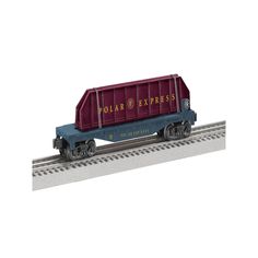 a toy train with a red and blue boxcar on it's track next to a white background