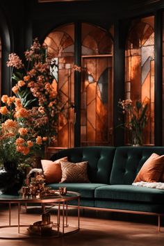 Immerse yourself in the enchanting embrace of this living room, where copper elegance meets stained glass charm. Majestic copper-framed windows with intricate stained glass panels bathe the space in a warm, ethereal light. A sumptuous green velvet sofa, adorned with copper-hued cushions, takes center stage. A delicate copper coffee table and lush floral arrangements add layers of sophistication, perfect for tranquil repose. Copper And Green Living Room, Green And Copper Bedroom, Copper Accents Living Room, Equestrian Library, Blue And Copper Living Room, Copper Decor Accents, Tudor Castle, Orange Coffee Table