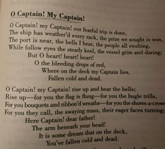 an open book with the words captain's my captain written in black on it